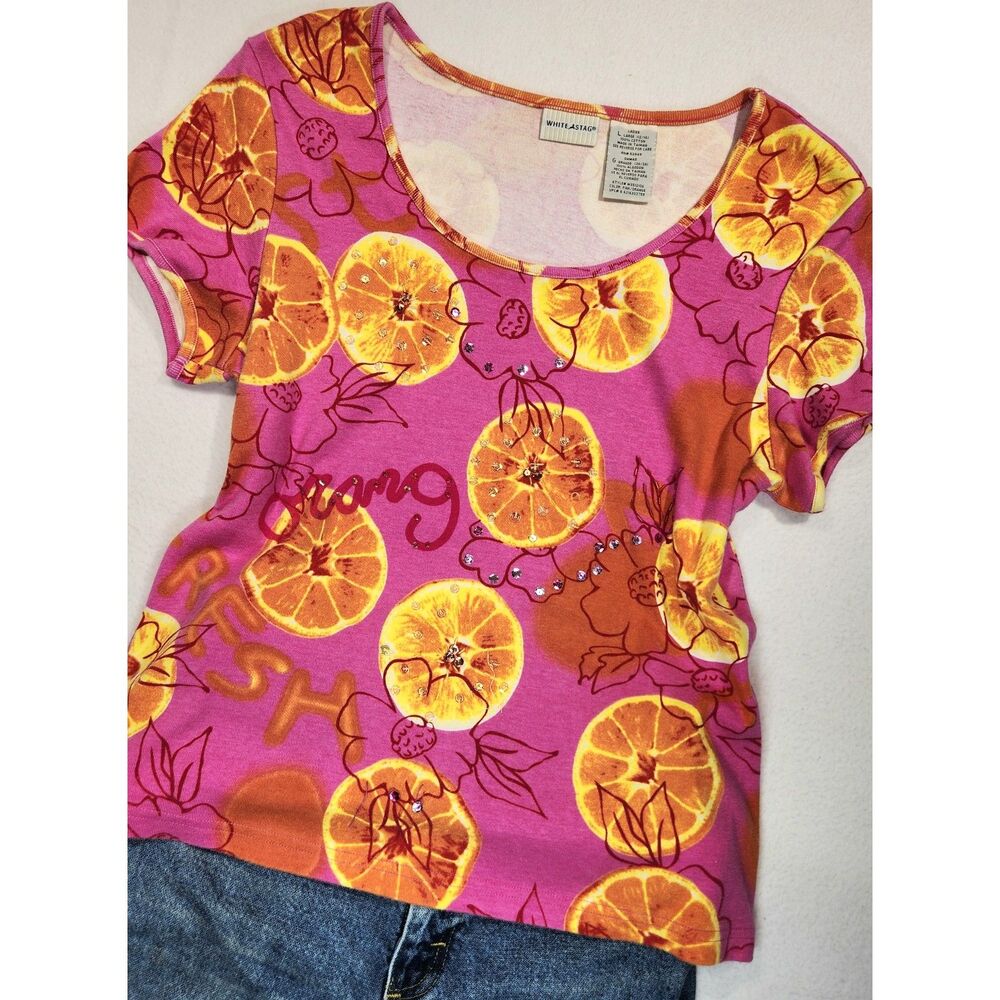 White Stag Orange Slice Graphic Tee Large Pink VTG Y2K Fruit Embellished Shirt